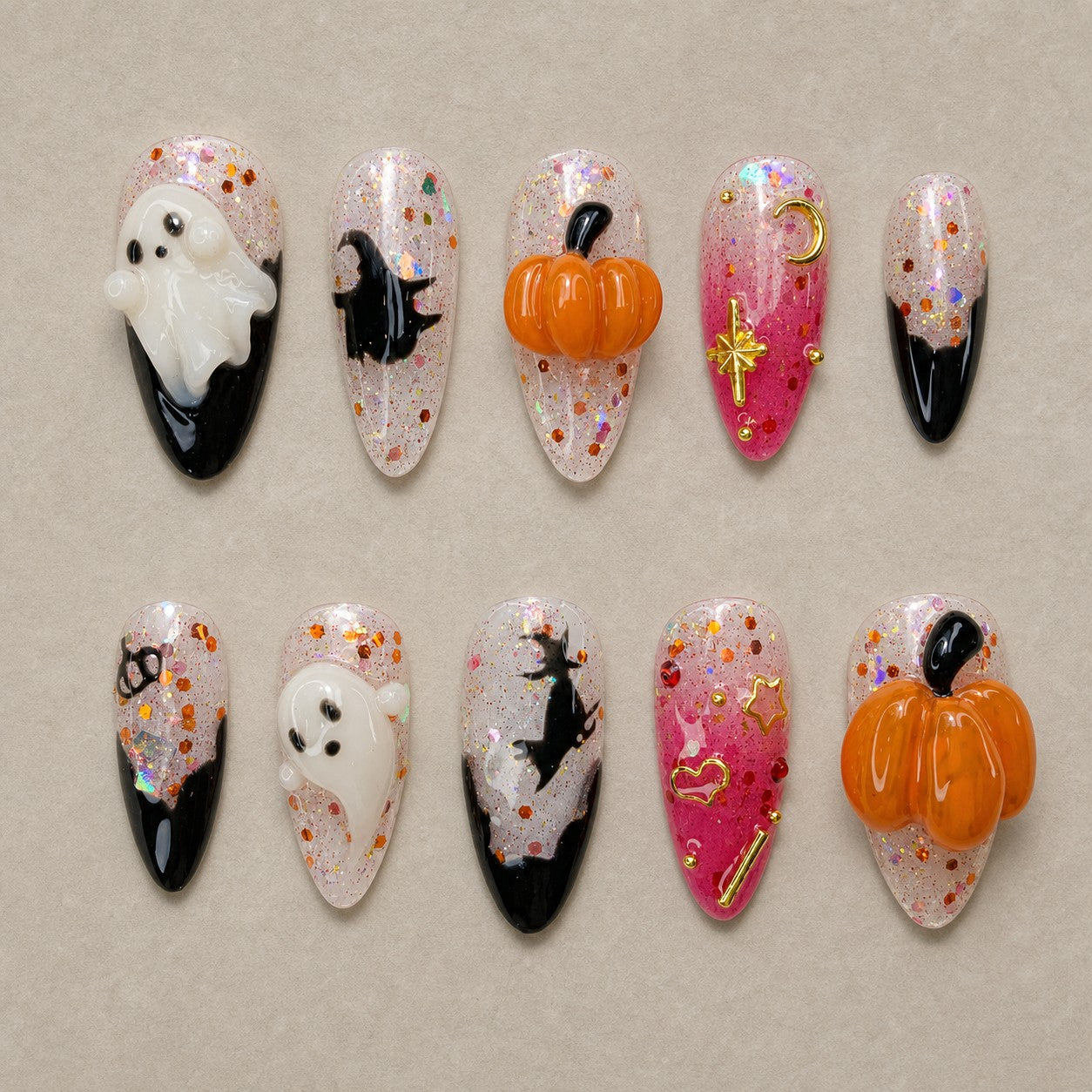 Full set of 10 almond press-on nails — Twilight Charms Halloween nail art with ghost, pumpkin, black cat