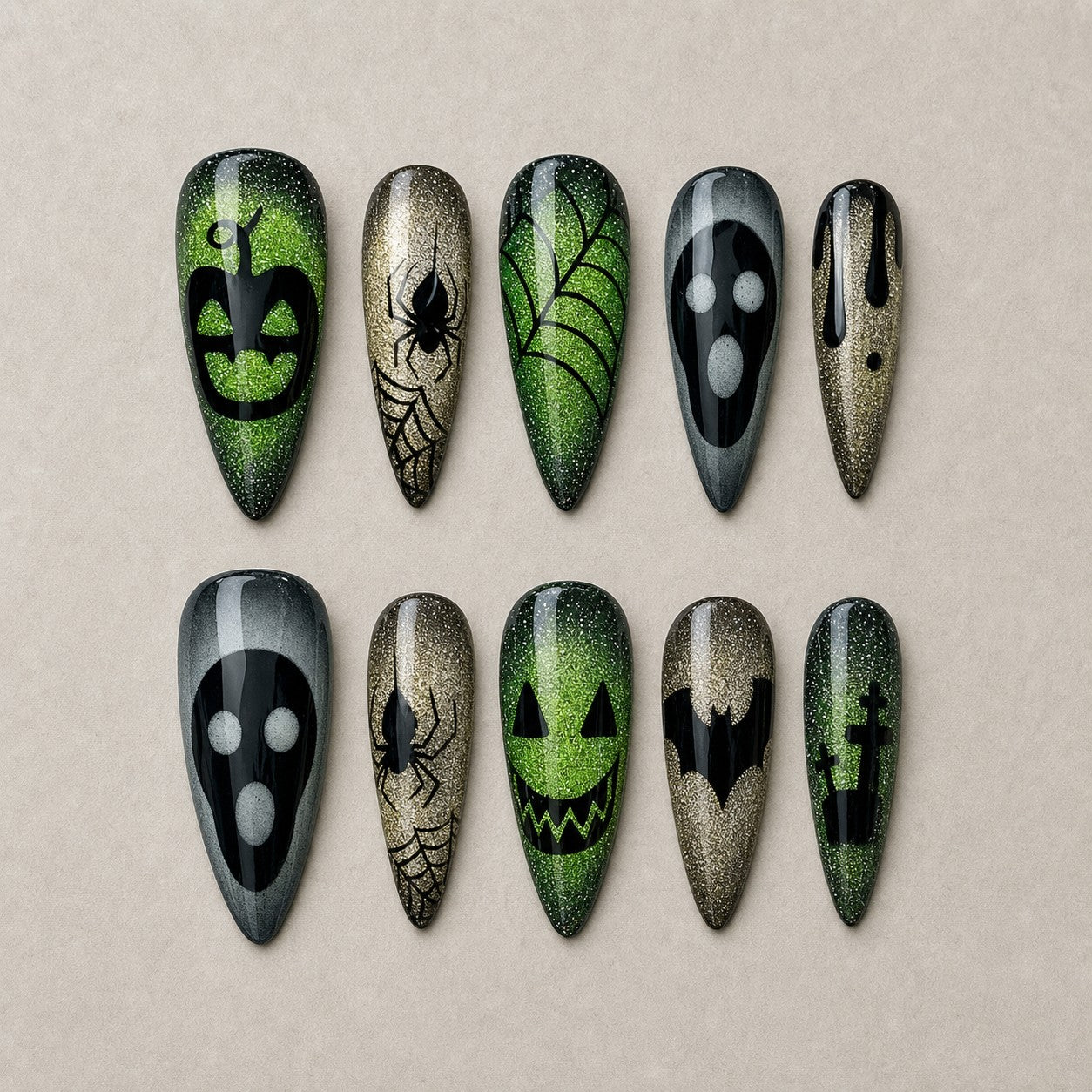 Full set of 10 almond press-on nails — Velvet Jack Halloween nail art with pumpkin, glitter, cat eye