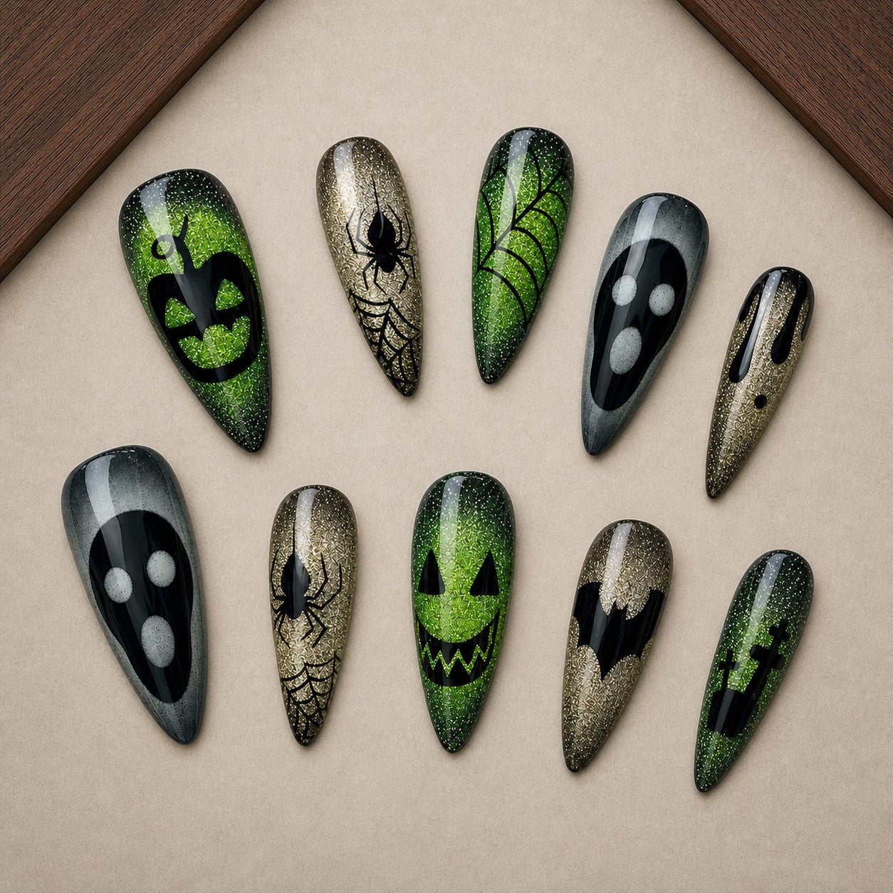 Velvet Jack Halloween press-on nail set displayed in a walnut tray — almond shape