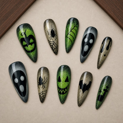 Velvet Jack Halloween press-on nail set displayed in a walnut tray — almond shape
