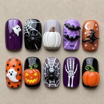 Full set of 10 square press-on nails — Violet Gourd Halloween nail art with pumpkin, spider, 3d