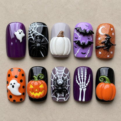 Full set of 10 square press-on nails — Violet Gourd Halloween nail art with pumpkin, spider, 3d
