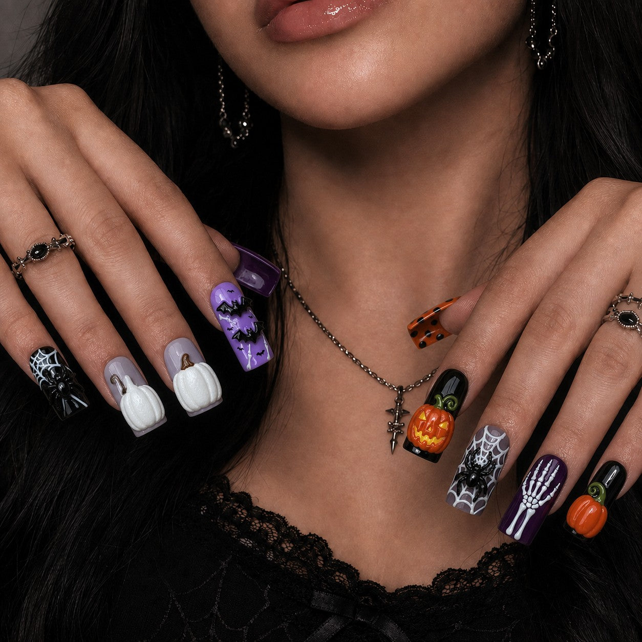 Violet Gourd Halloween press-on nails in square shape worn on model hand — pumpkin, spider, 3d nail art