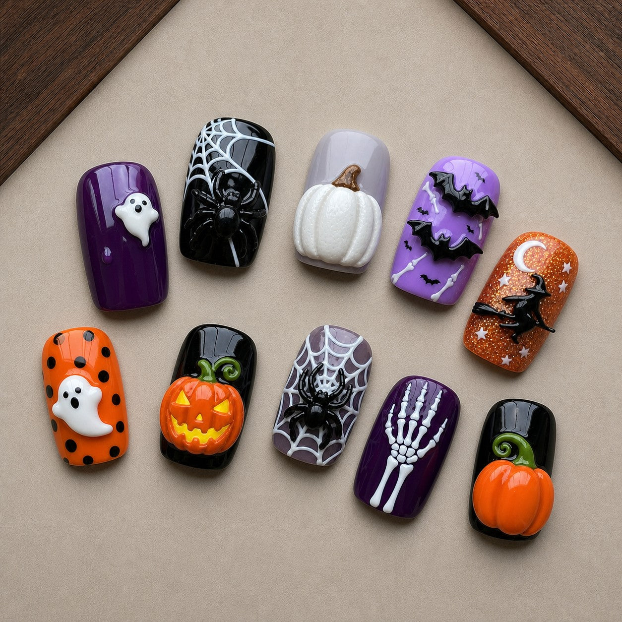 Violet Gourd Halloween press-on nail set displayed in a walnut tray — square shape