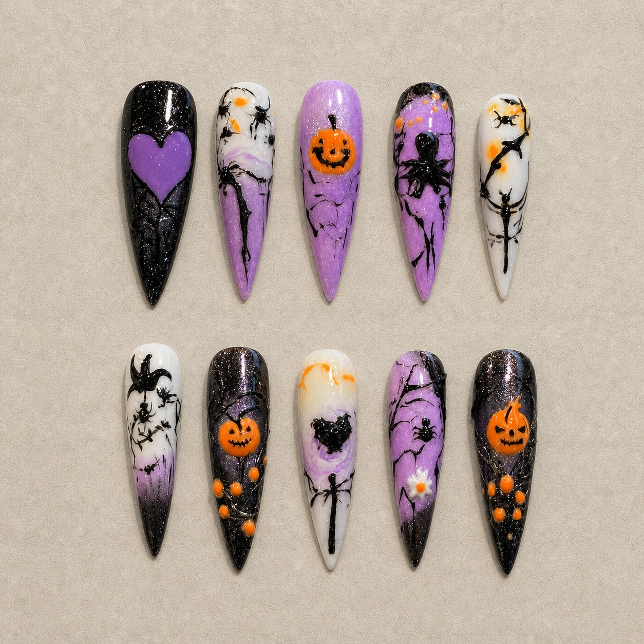 Full set of 10 stiletto press-on nails — Violet Hollow Halloween nail art with witch, haunted house, pumpkin