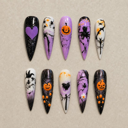 Full set of 10 stiletto press-on nails — Violet Hollow Halloween nail art with witch, haunted house, pumpkin