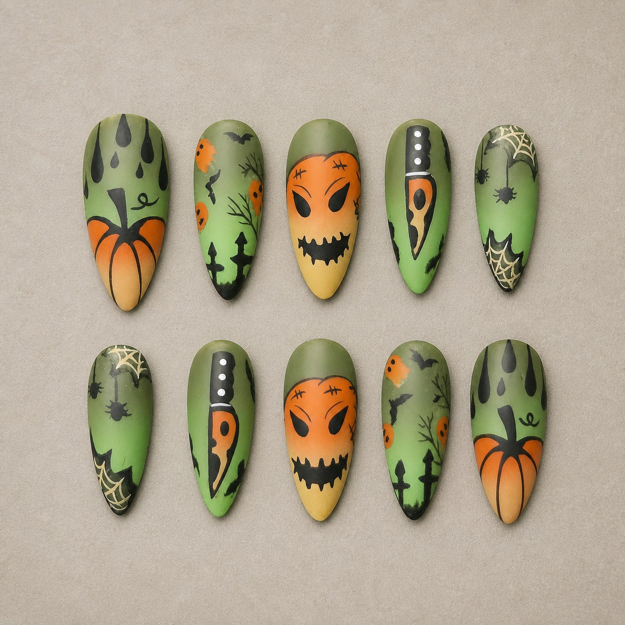 Full set of 10 almond press-on nails — Wicked Patch Halloween nail art with pumpkin, horror, graveyard