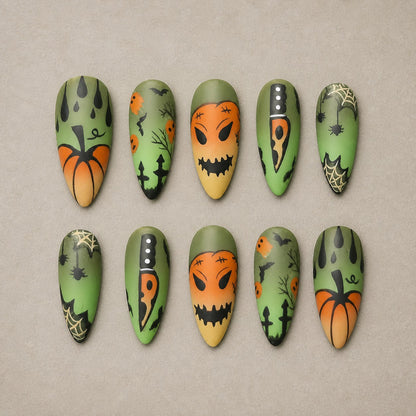 Full set of 10 almond press-on nails — Wicked Patch Halloween nail art with pumpkin, horror, graveyard