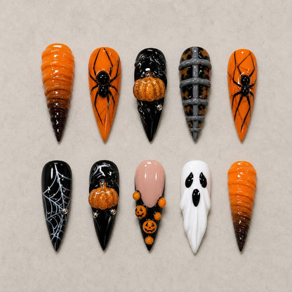 Full set of 10 stiletto press-on nails — Widow's Harvest Halloween nail art with pumpkin, spider, 3d