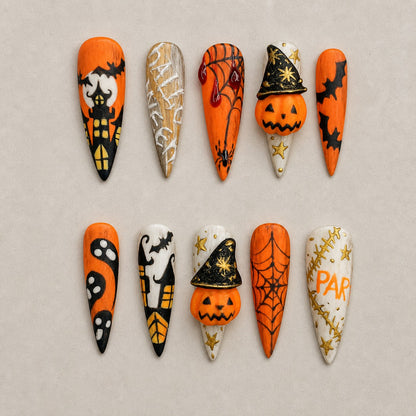 Full set of 10 stiletto press-on nails — Witch's Story Halloween nail art with witch, pumpkin, haunted house