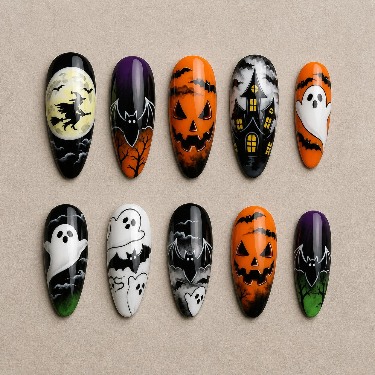 Full set of 10 almond press-on nails — Witching Hour Halloween nail art with witch, pumpkin, haunted house