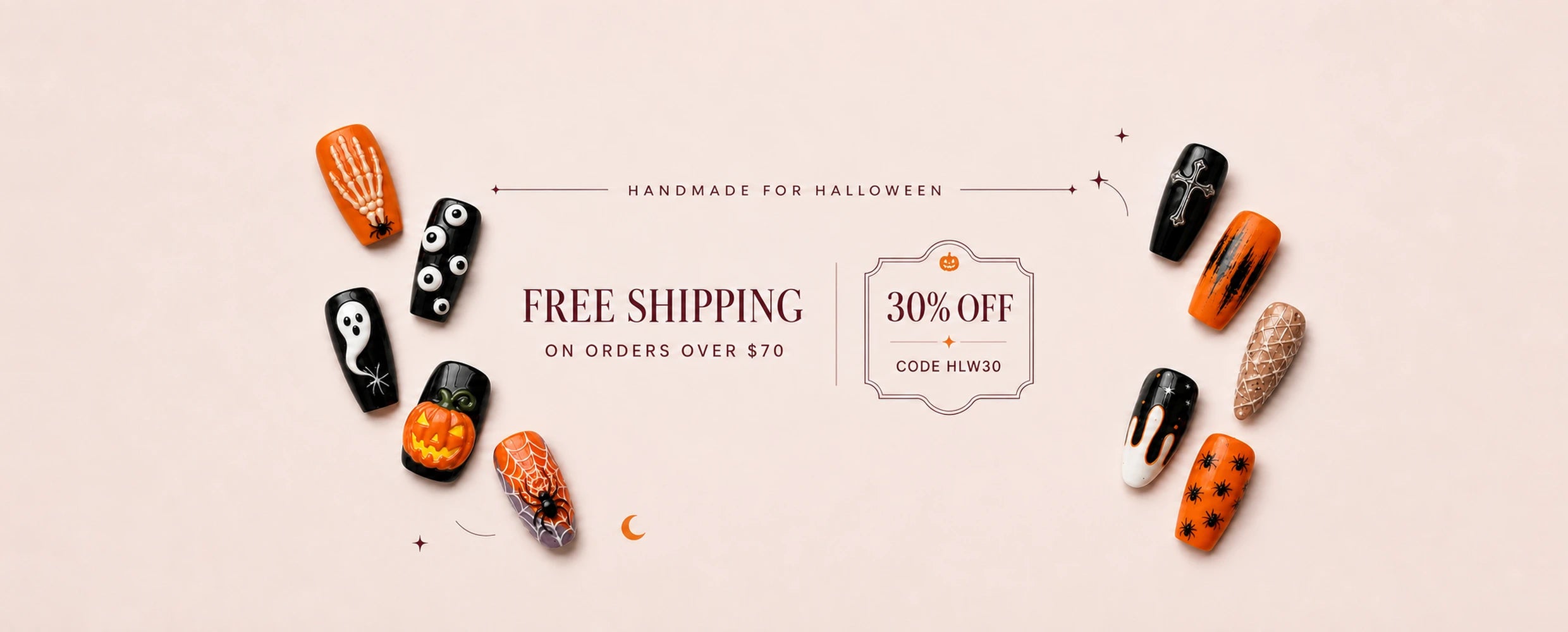 Halloween press-on nails with automatic savings: 30% off 3+ Halloween sets, 10% off 4+ sets, and 15% off 8+ sets.